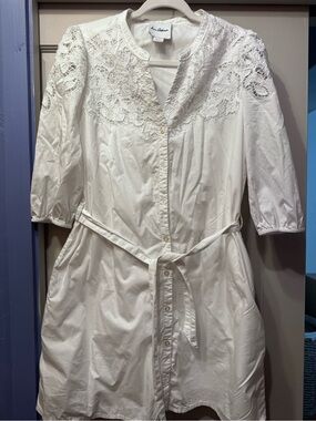 Sam Edelman White Lace-Yoke Button-Front Mini Dress with Tie Waist